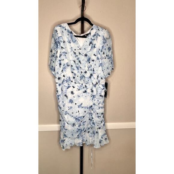 Be by Chetta B Floral Print Puff Sleeve Ruched Sheath Dress Blue Women's 16 NWT - Picture 2 of 7